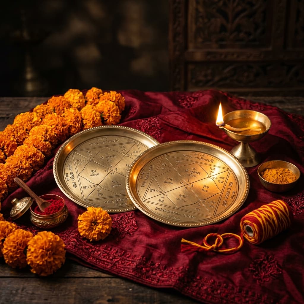 Traditional Kundali matching charts for marriage compatibility with Indian wedding items and sacred thread