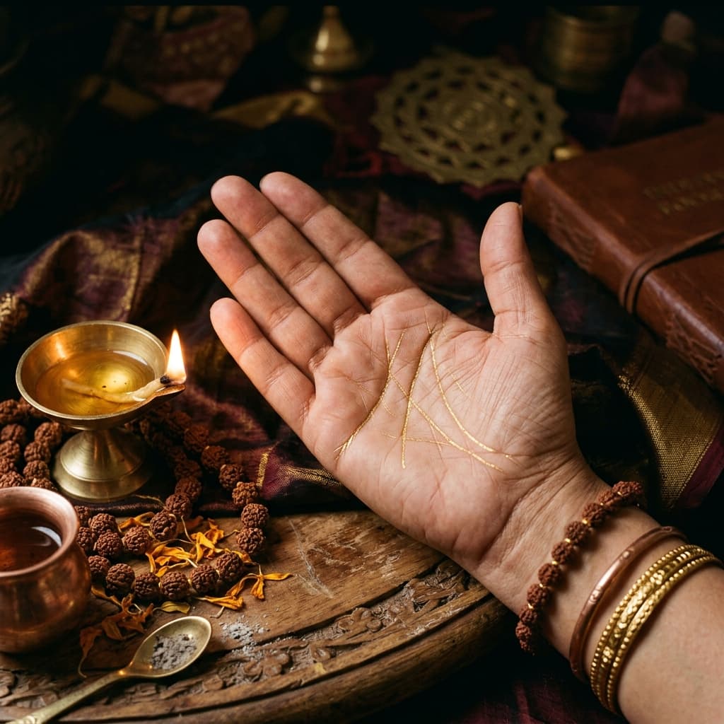 Palmistry reading showing major palm lines with golden light from brass diya lamp and rudraksha beads